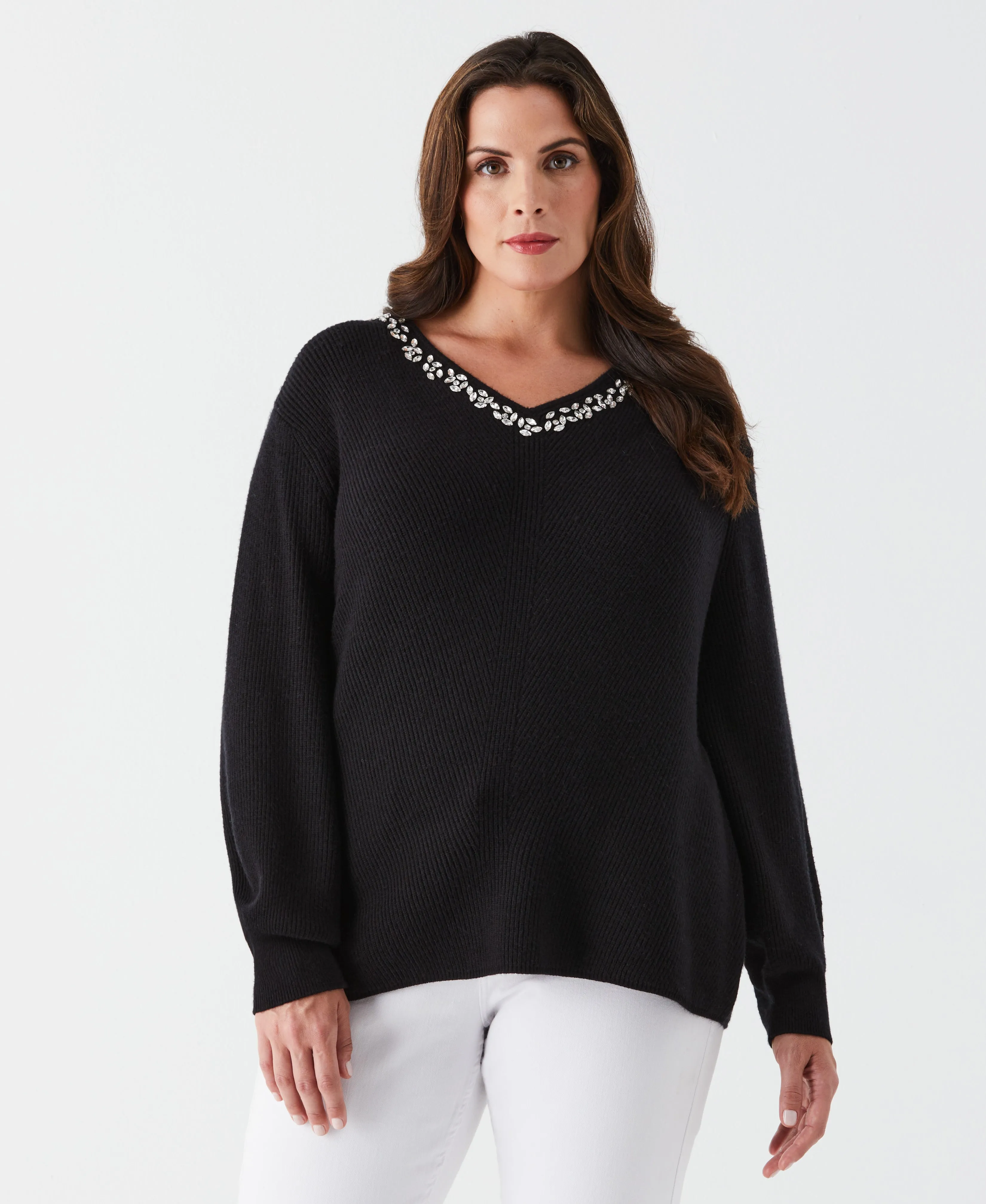 Effortless Fashion Plus Size Embellished V-Neck Sweater