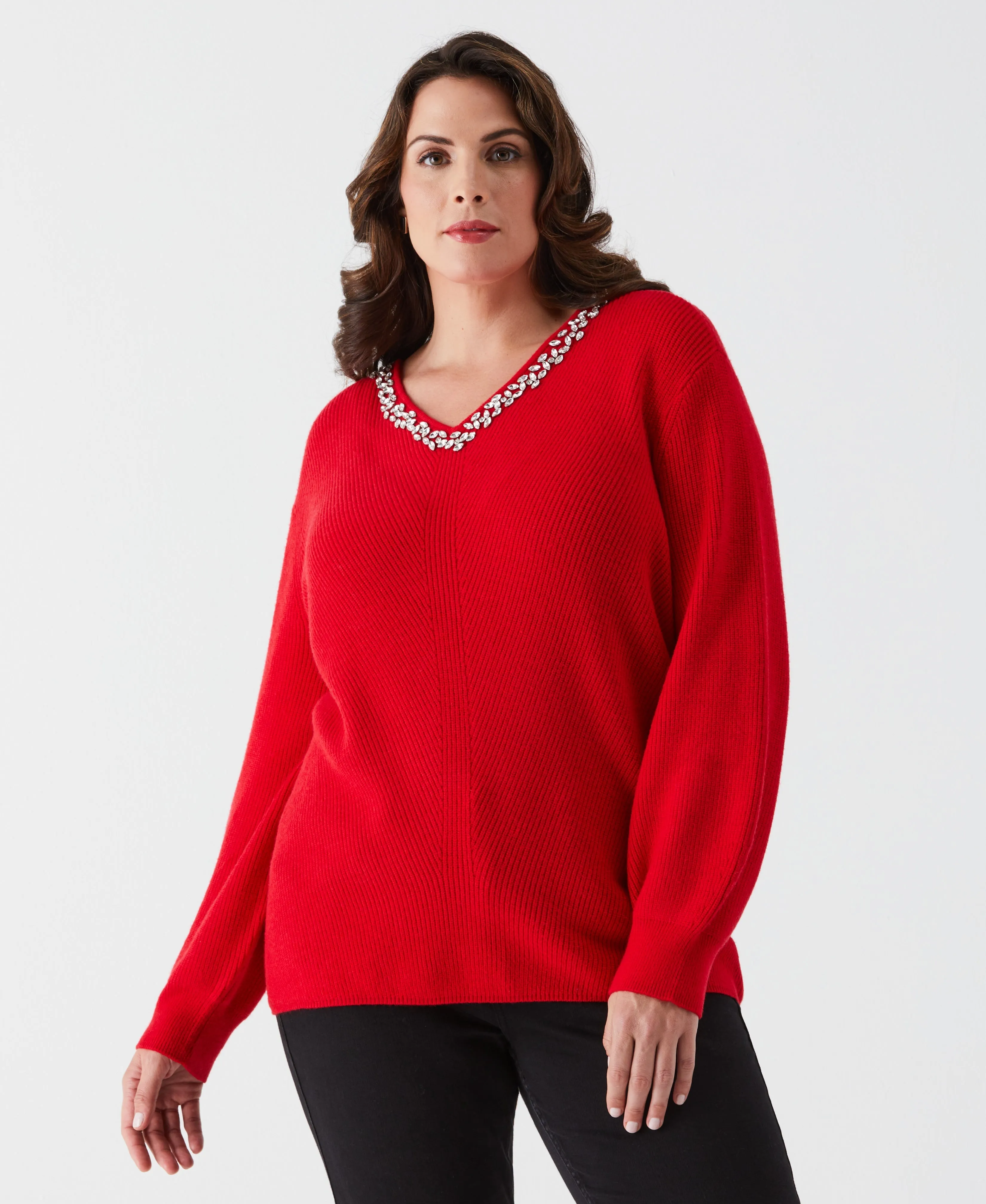 Warm Fashion Non Pilling Surface Plus Size Embellished V-Neck Sweater