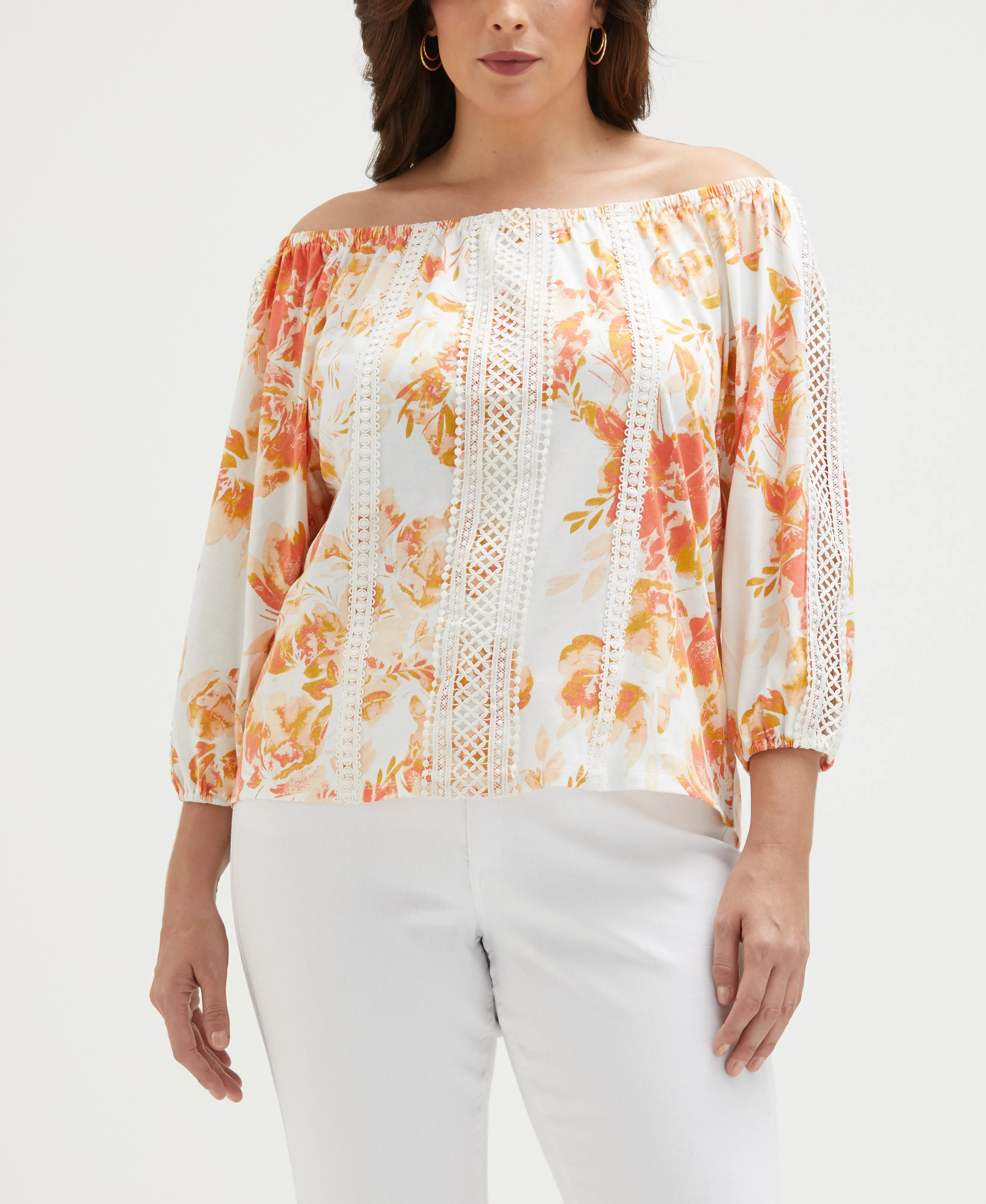 Office Attire Plus Size Floral Print Lace Trim Off the Shoulder Top