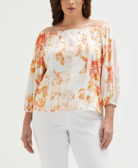 Plus Size Floral Print Lace Trim Off the Shoulder Top AntiStatic Material