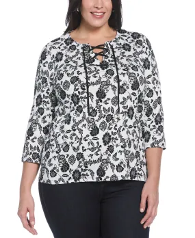 Plus Size Floral Print Lace Up Shirt Warm Hoodie