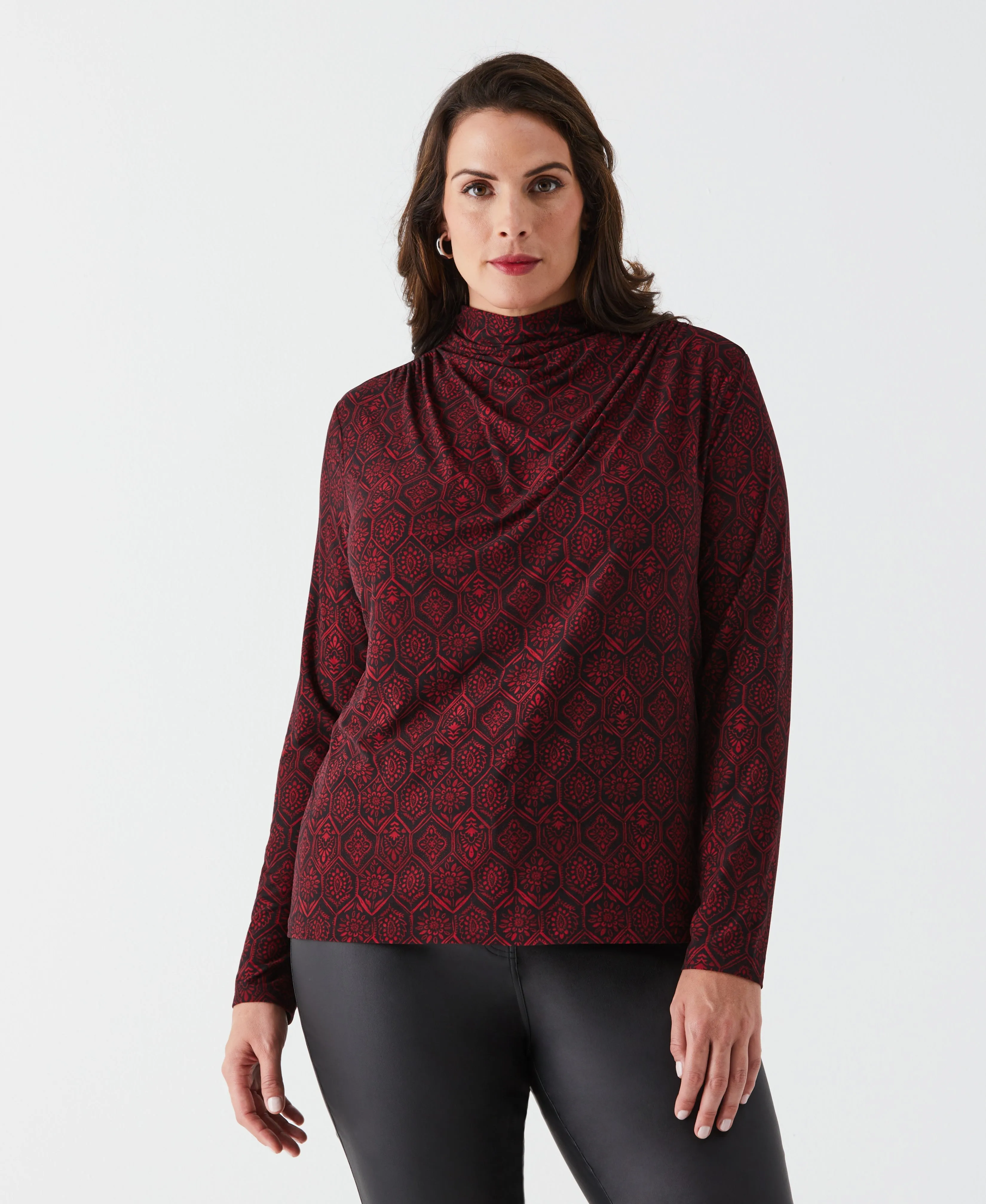 Fade Resistant Finish Plus Size Honeycomb Mosaic Print Ruched Mock Neck Top