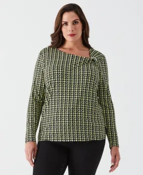 Roll Up Sleeve System Plus Size Houndstooth Print Asymmetric Neck Top