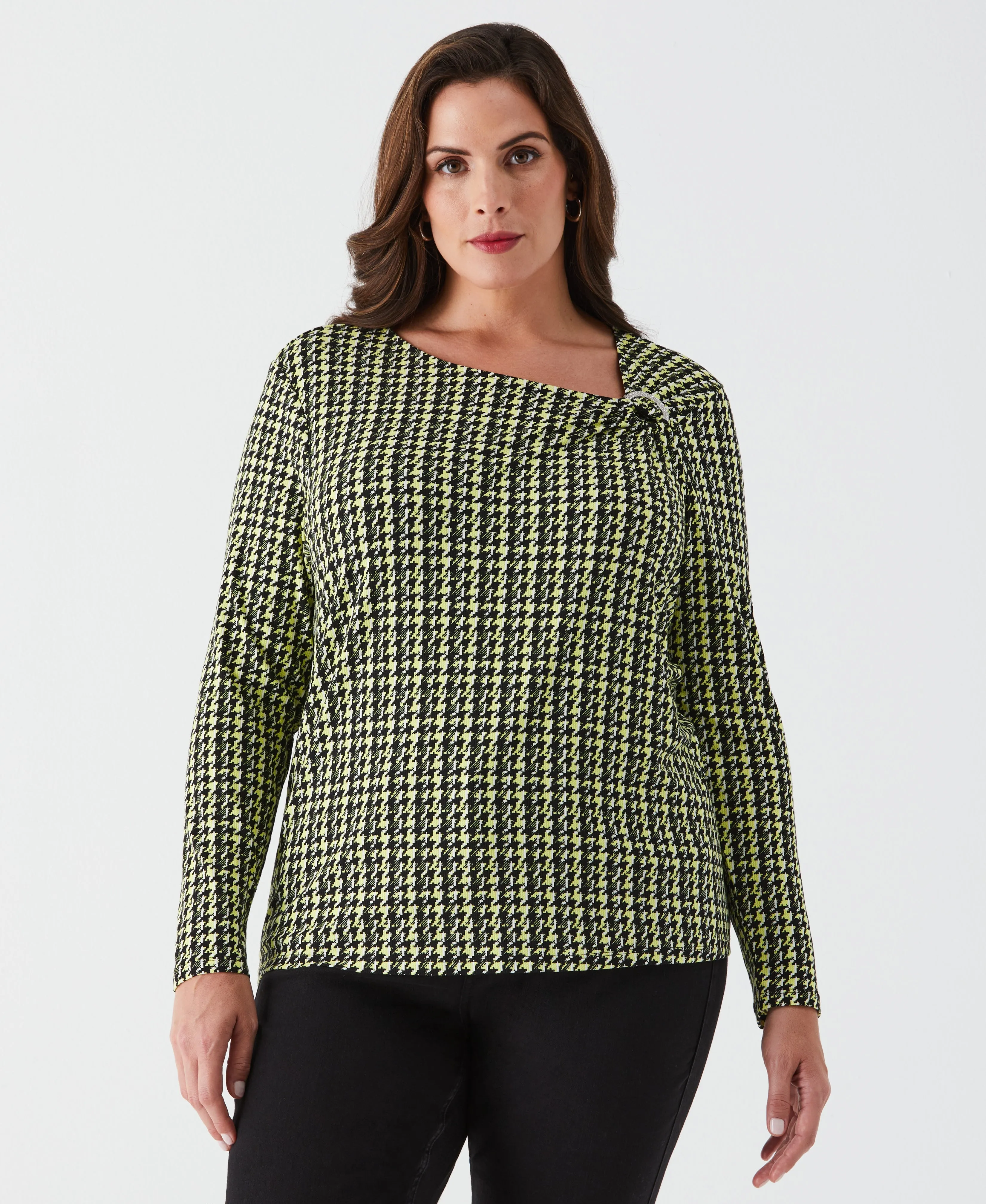 Ultrasoft Inner Lining Plus Size Houndstooth Print Asymmetric Neck Top