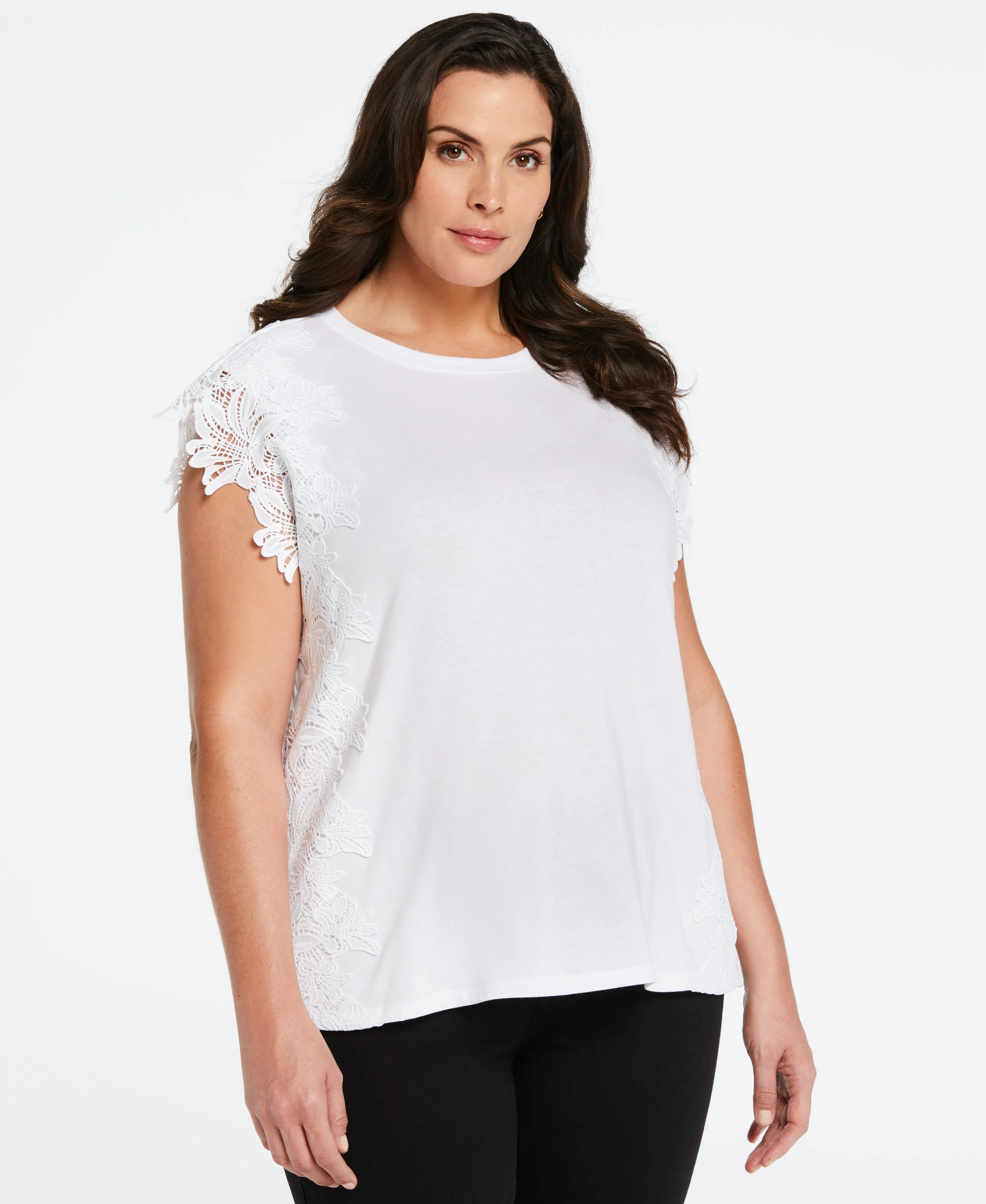 Wrinkle Resistant Textile Plus Size Knit Top with Lace Detail
