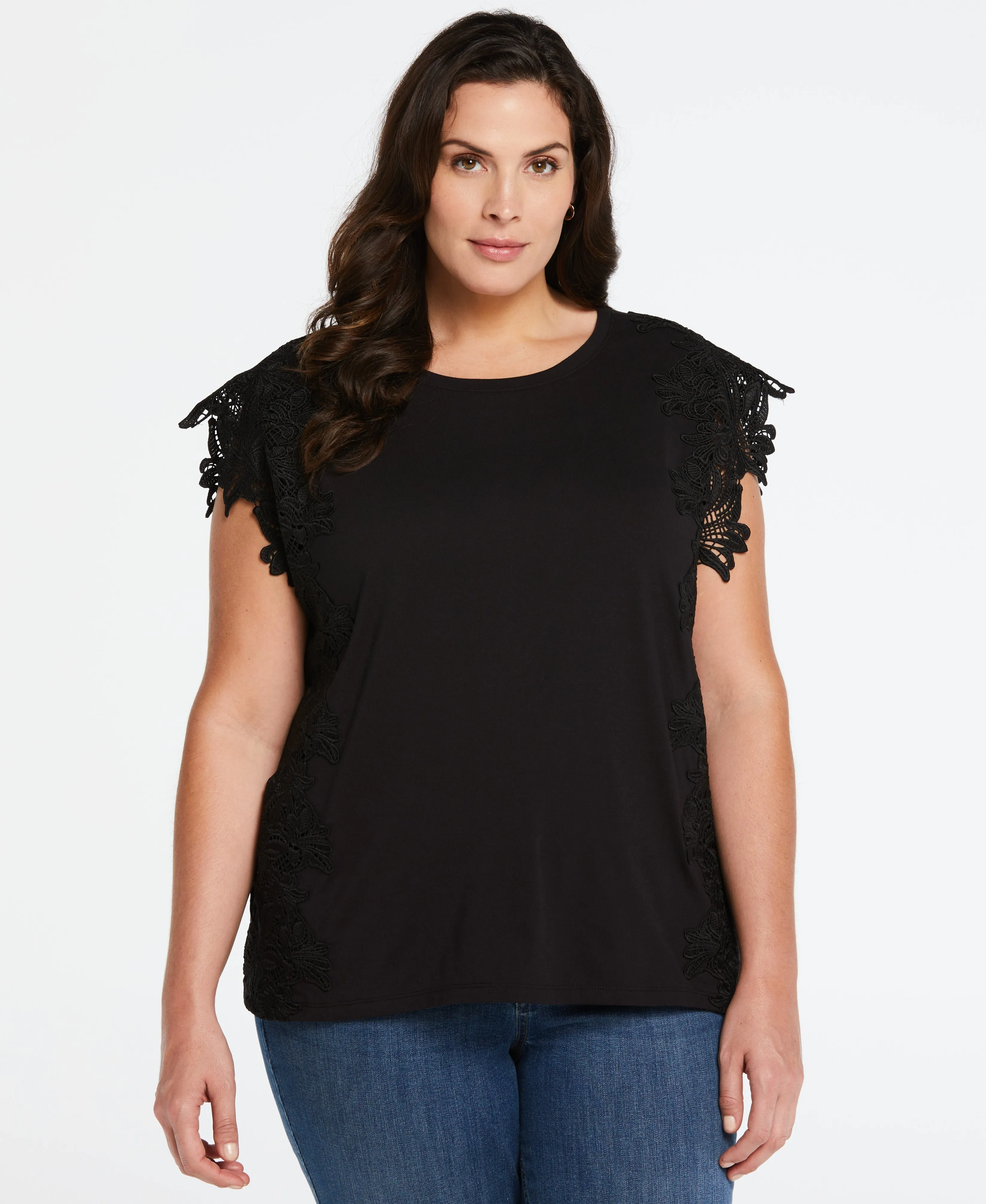 Yarn Dyed Pattern Cloth Plus Size Knit Top with Lace Detail