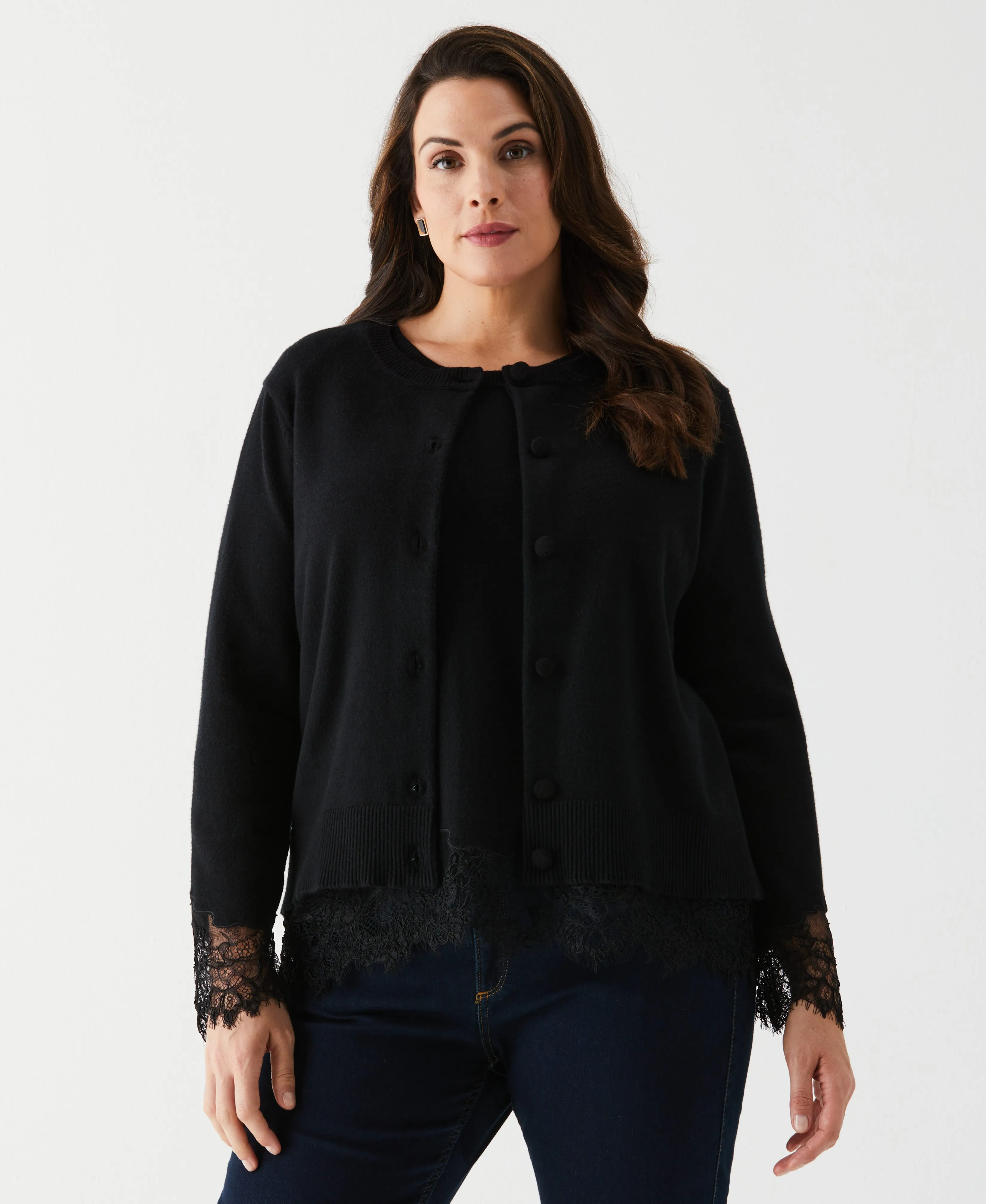 Thermal Regulation Technology Plus Size Lace Trim Button Cardigan
