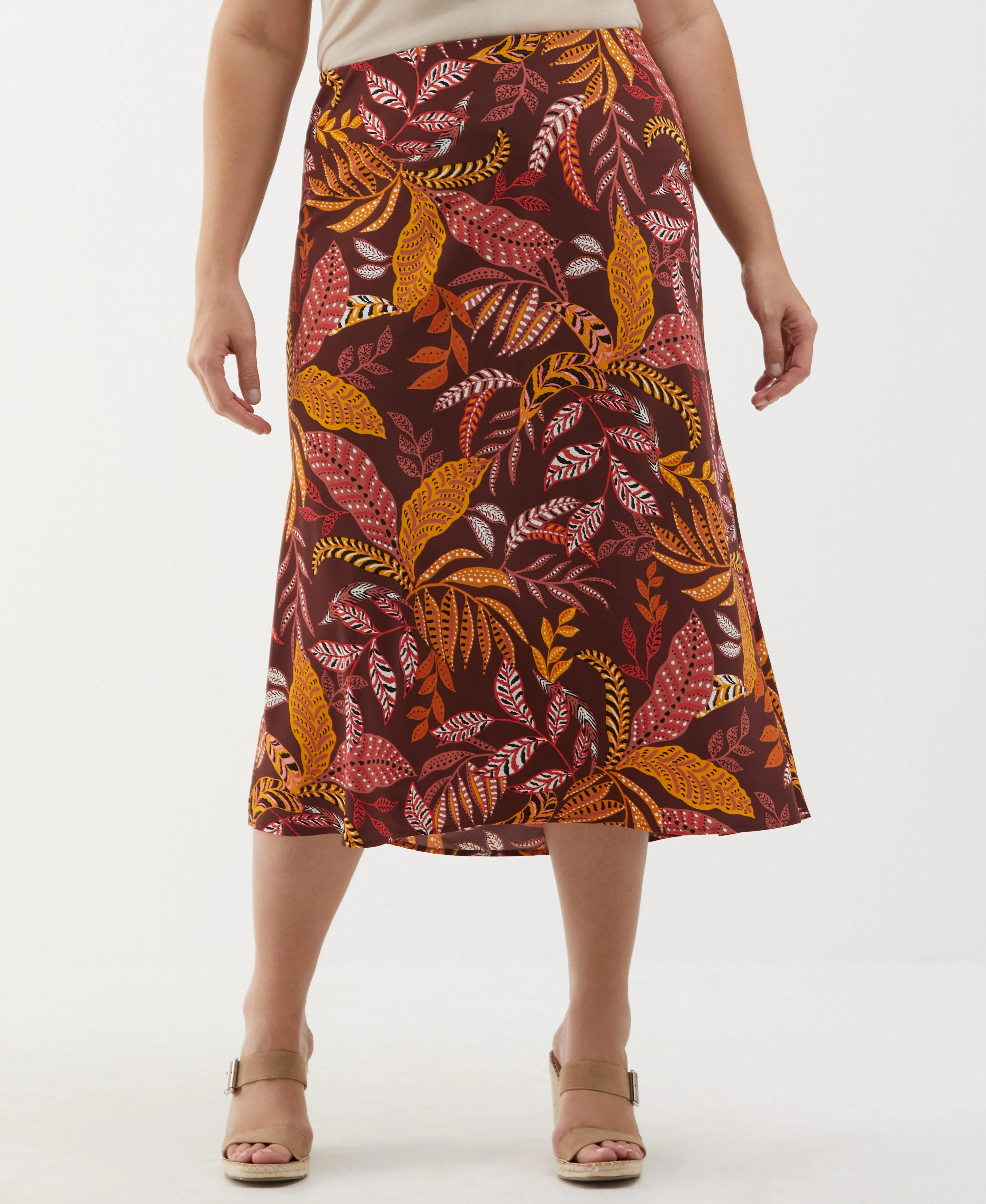 Mother's Day gift Street Ready Plus Size Leaf Print Shine Midi Bias Skirt