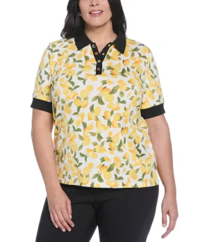 Plus Size Lemon Print Buttoned Polo GarmentWashed Texture