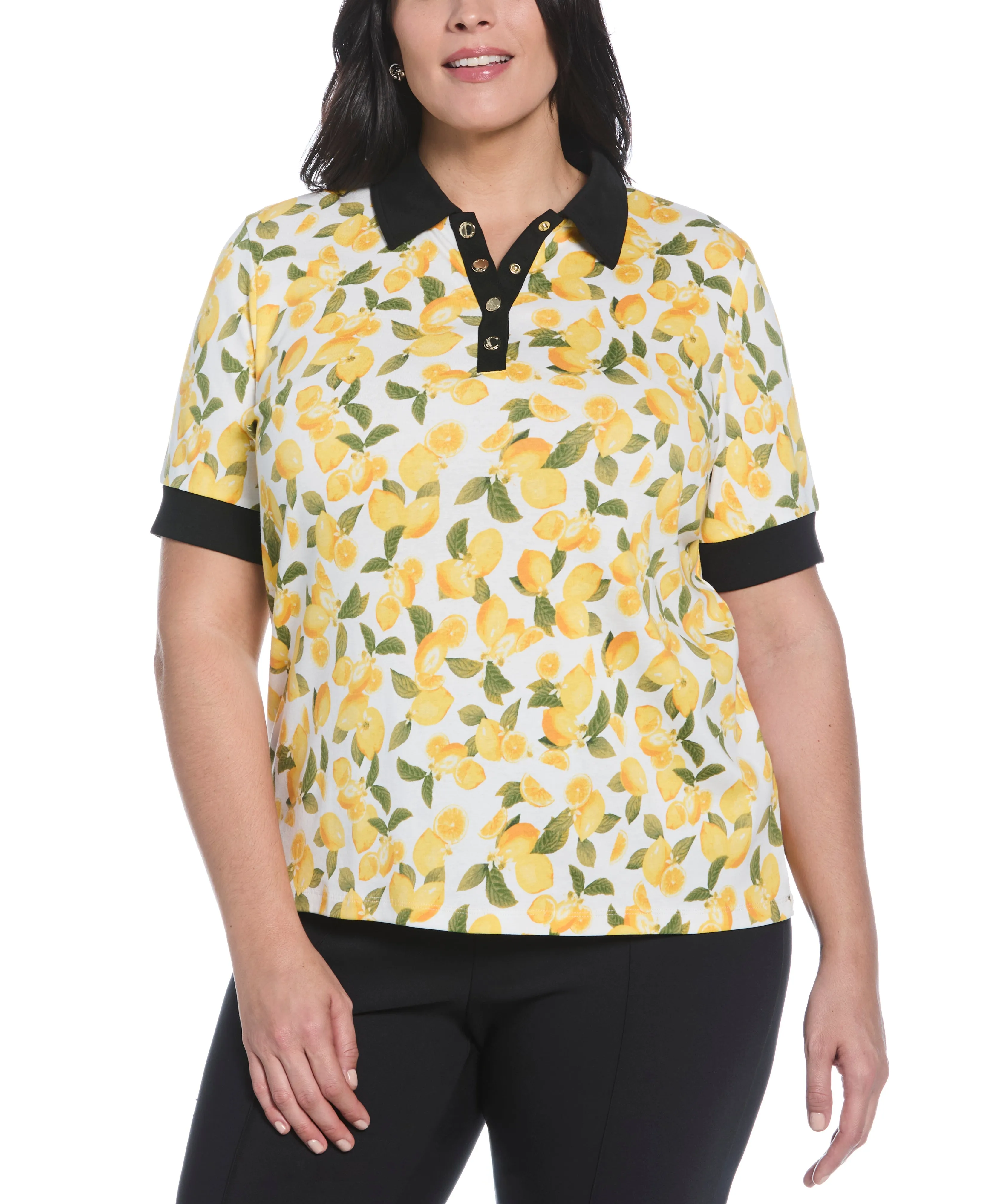Plus Size Lemon Print Buttoned Polo Hooded Design preshrunk