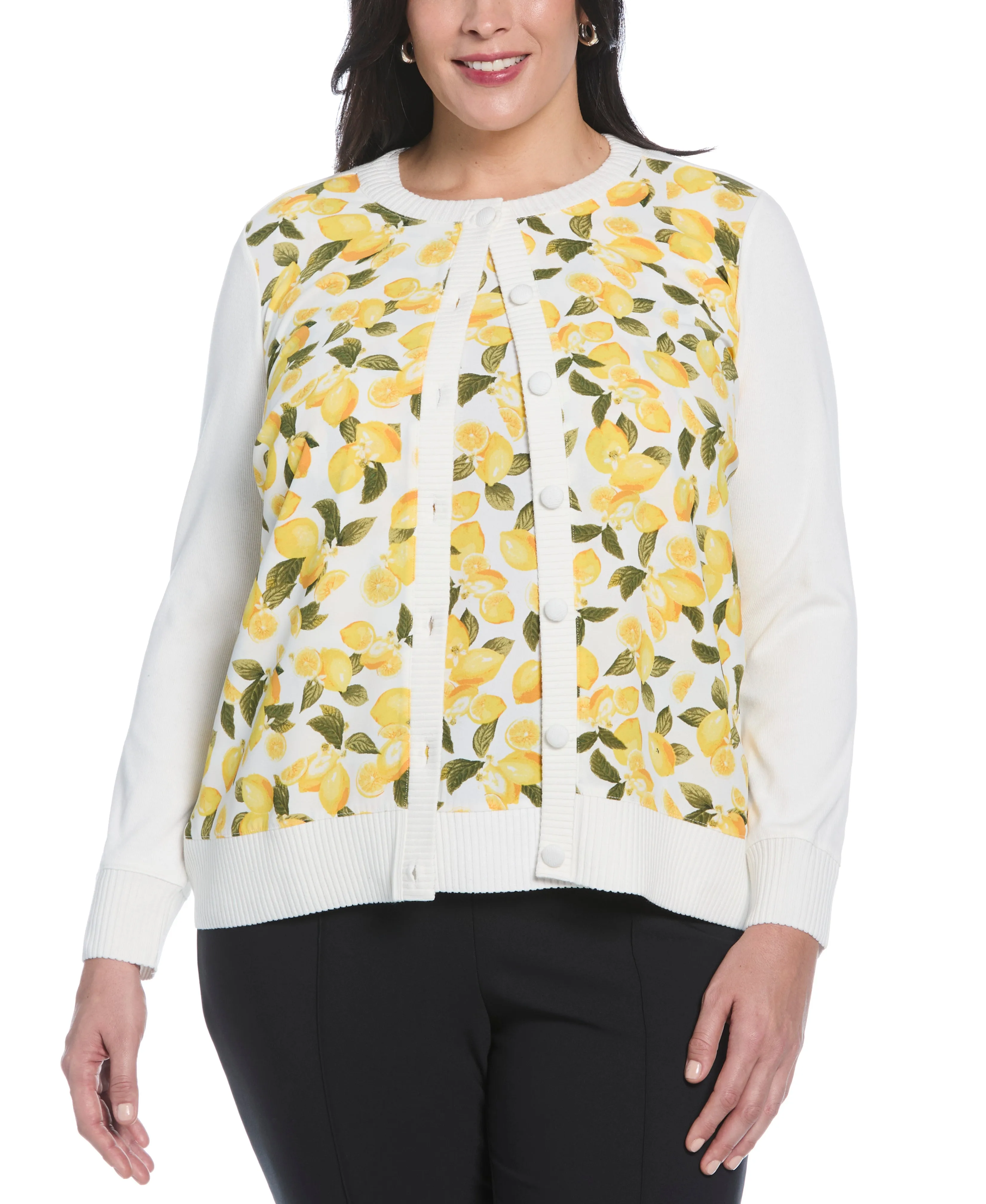 Plus Size Lemon Print Woven Front Cardigan TemperatureRegulating