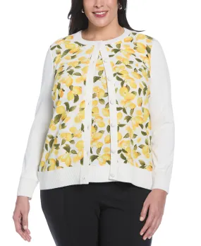 Warm Outfit Everyday Knit Plus Size Lemon Print Woven Front Cardigan