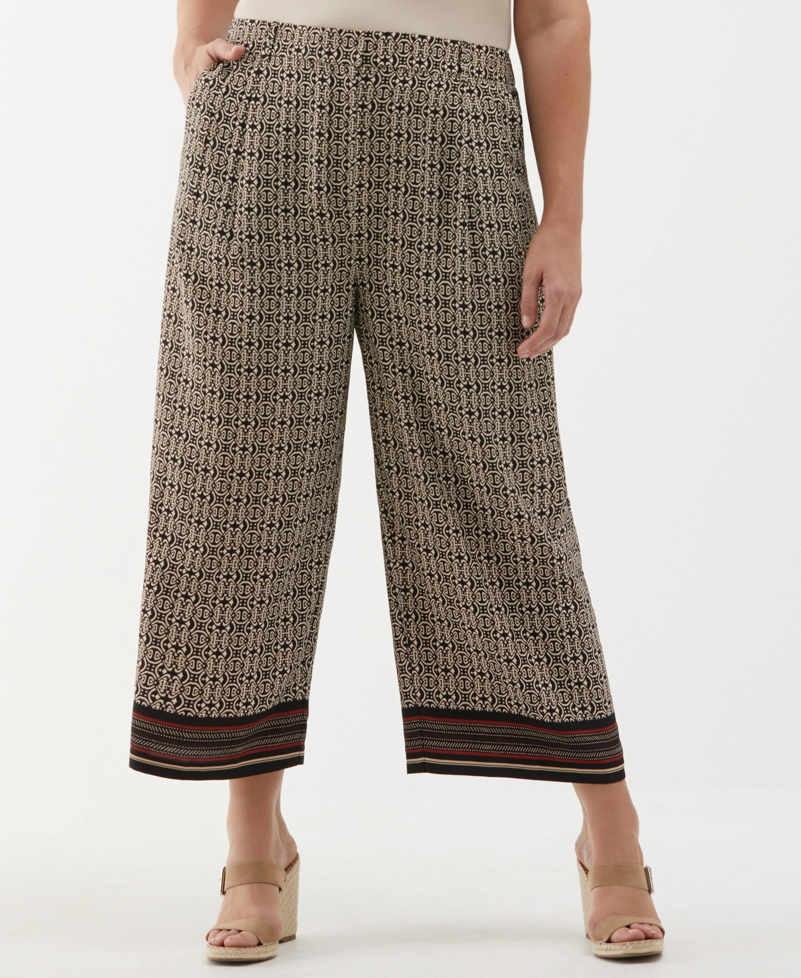 Versatile Waist Polyester fabric Plus Size Medallion Print Wide Leg Crop Pant