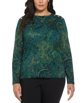 Everyday Jacket FoamReinforcedCollar Plus Size Paisley Print Button Detail Top