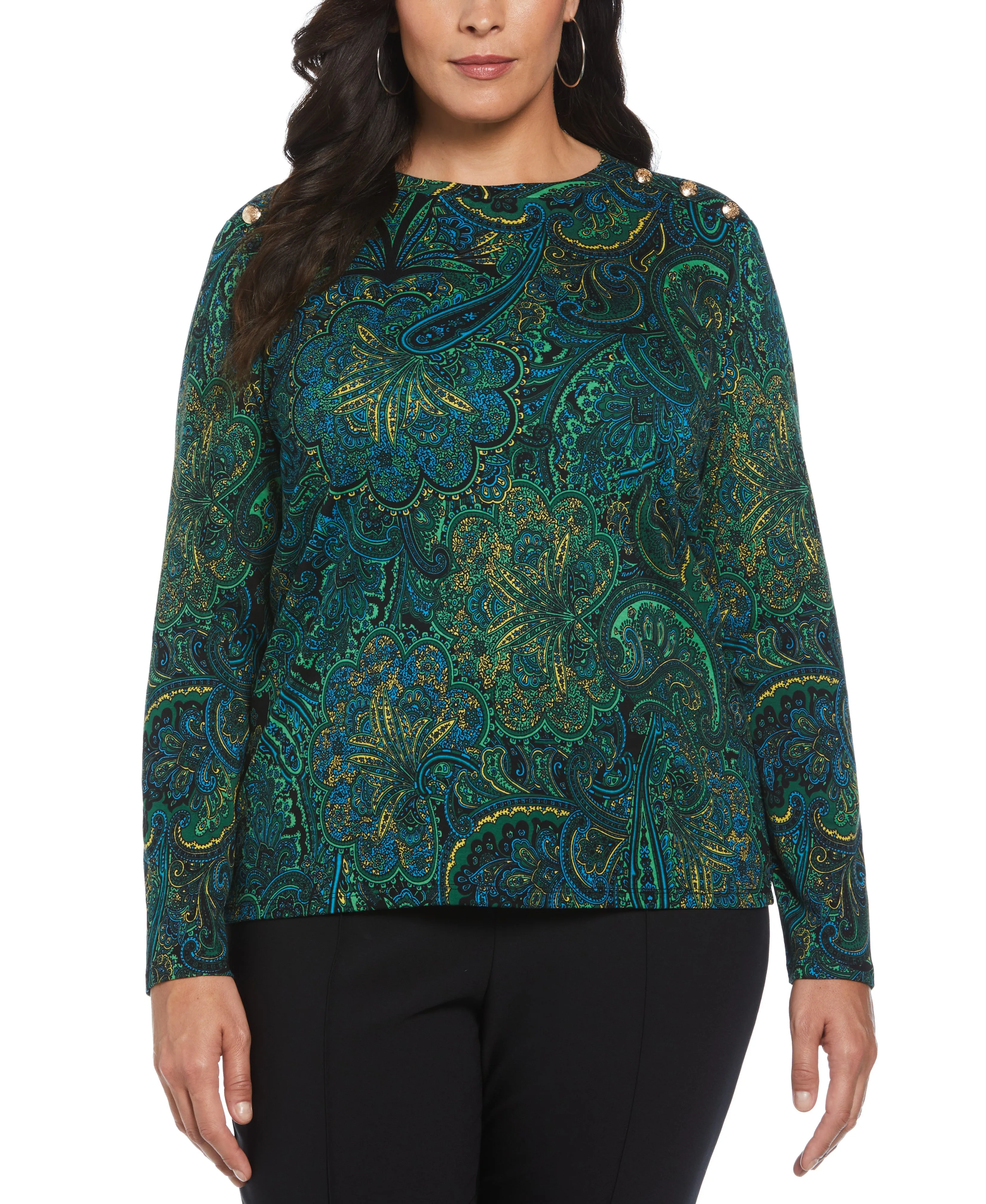 Plus Size Paisley Print Button Detail Top ReinforcedHem Hidden Button Placket