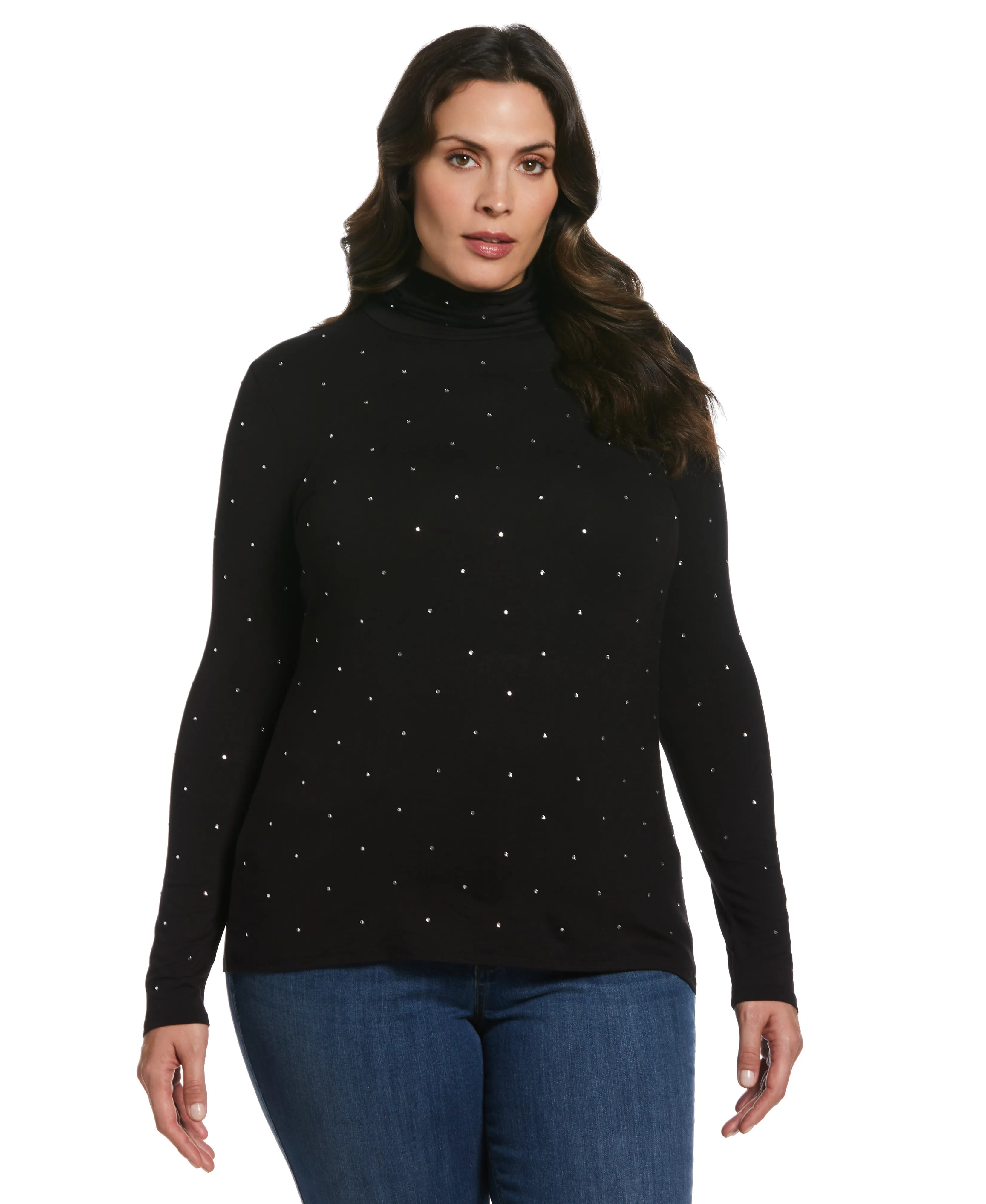 FadeResistant Dye Multi Pocket Functional Design Plus Size Rhinestone Turtleneck