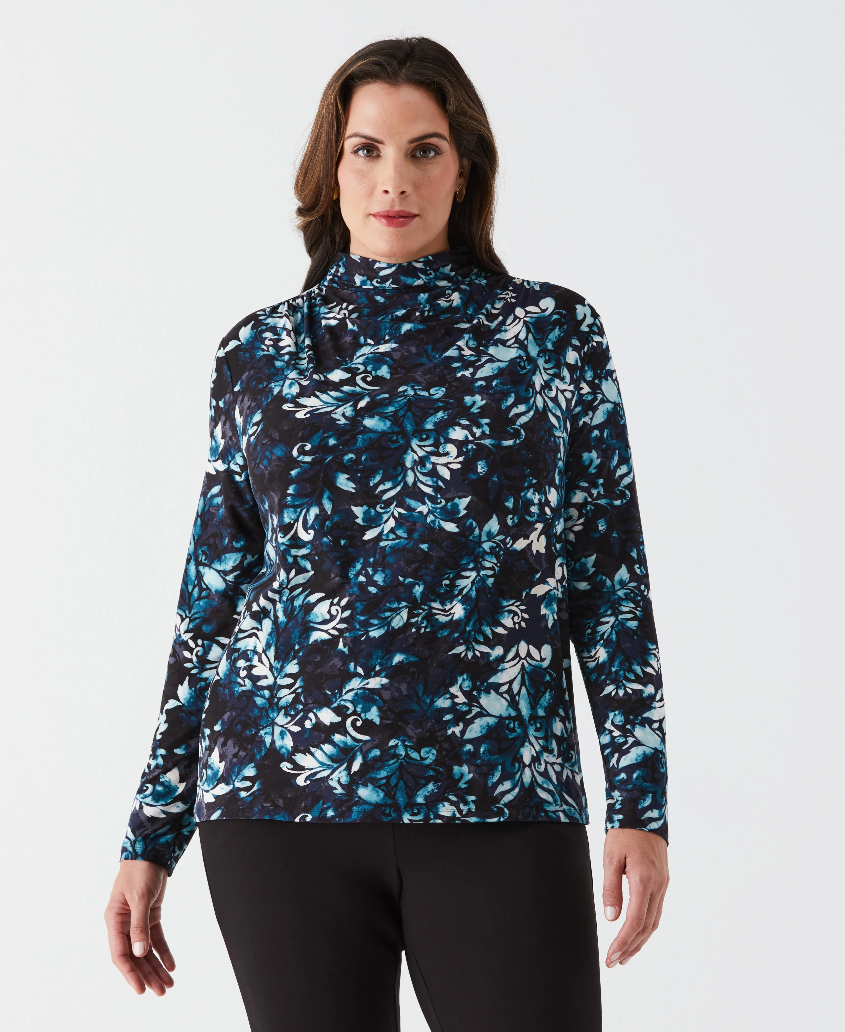 FourWay Stretch Fabric Temperature control Plus Size Shadow Damask Print Ruched Mock Neck Top