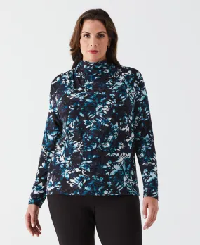 Athletic Wear Plus Size Shadow Damask Print Ruched Mock Neck Top