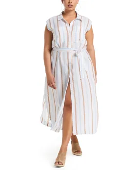 photo look Petite-Size Plus Size Stripe Linen Shirtdress