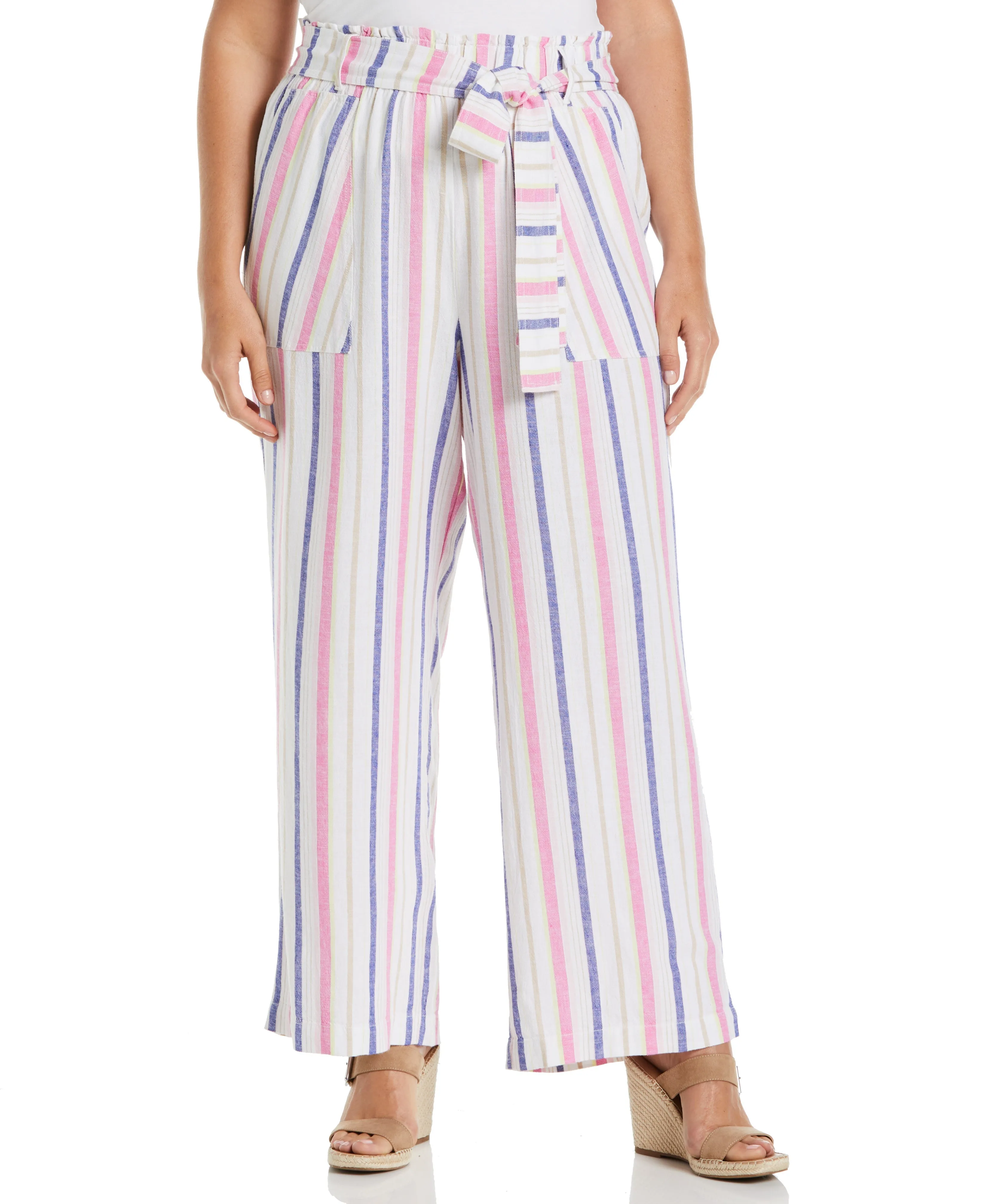 Adaptable Fit ReinforcedSeams Plus Size Stripe Wide Leg Linen Blend Paper Bag Pant