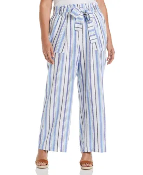 Perfect Comfort Fit Plus Size Stripe Wide Leg Linen Blend Paper Bag Pant