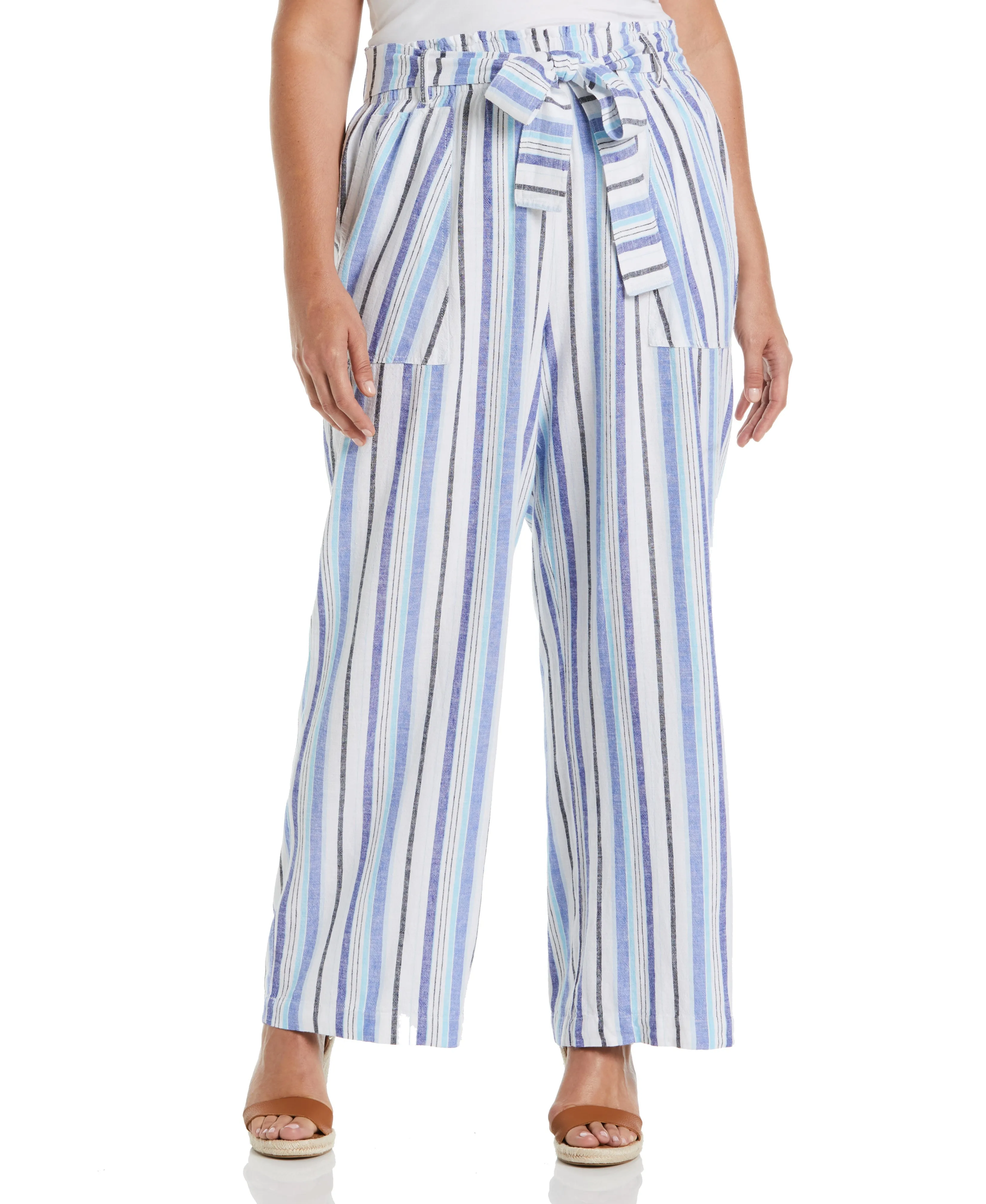 Perfect Comfort Fit Plus Size Stripe Wide Leg Linen Blend Paper Bag Pant