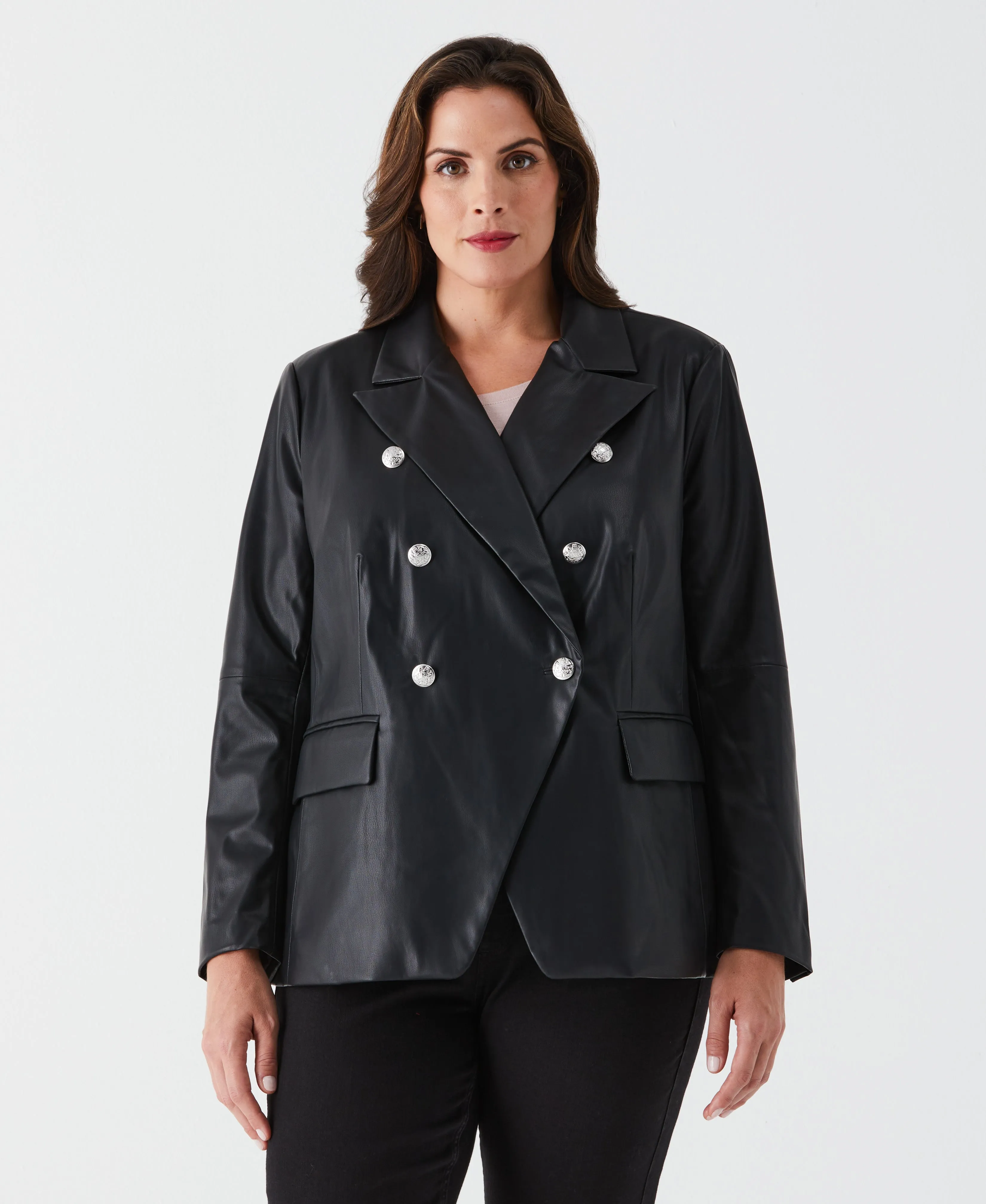Plus Size Vegan Leather Double Breasted Blazer Diploma Bus