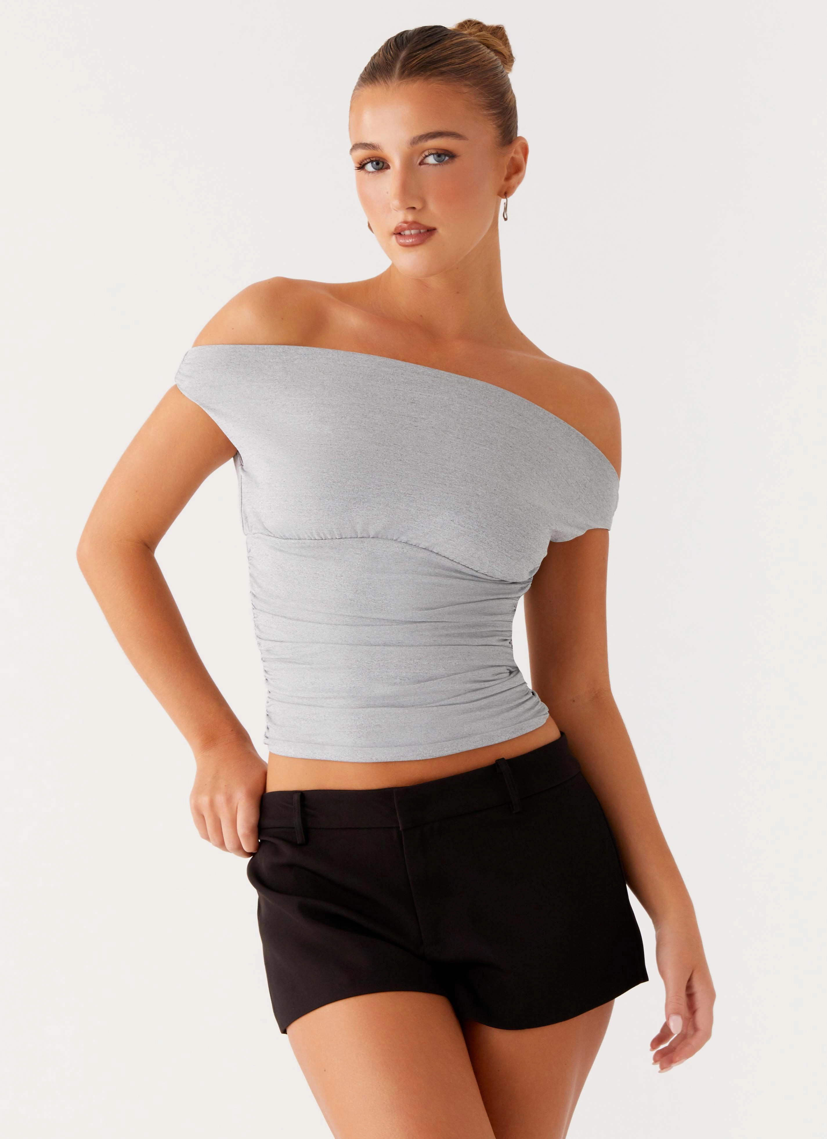 Reva Off Shoulder Top - Grey LoopwheelFabric VentilatedArmholes