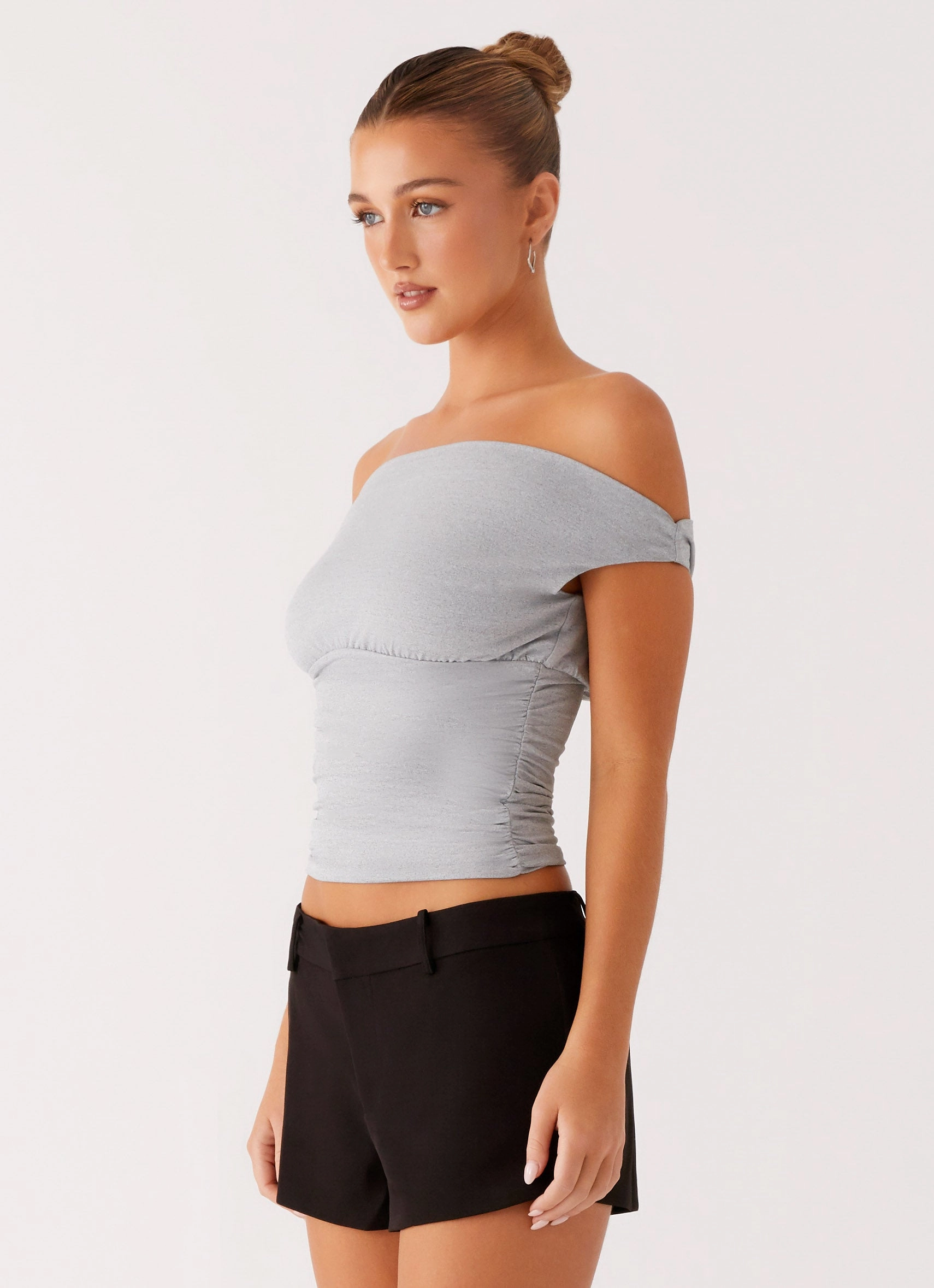 RollUpCuff Elasticized Waistband Reva Off Shoulder Top - Grey