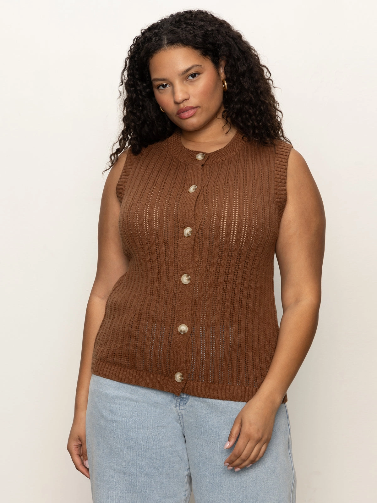 Pointelle Shell Sweater Sepia Extended Sizing YarnDyedQuality