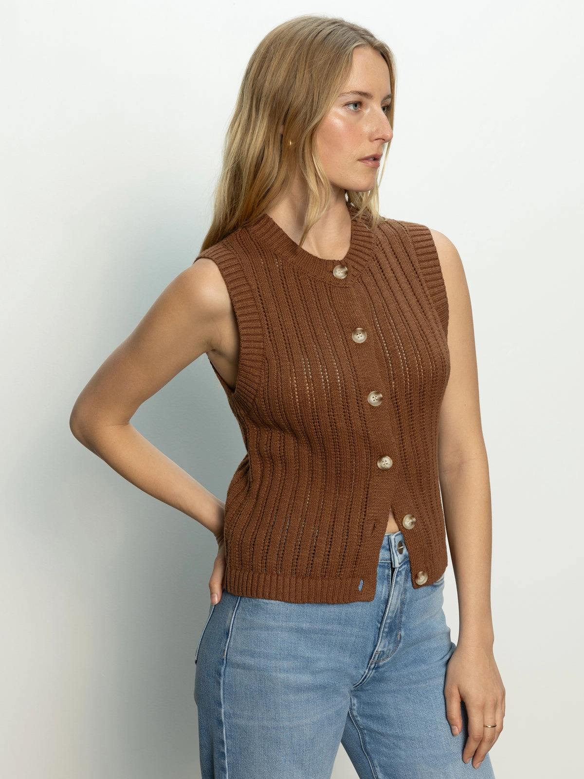 AntiStaticInnerLining Pointelle Shell Sweater Sepia