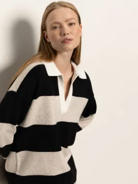 Layered Collar System Polo Striped Sweater Dress Heather Pearl W/ Black