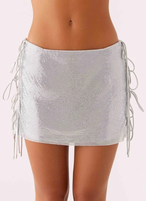 Roll Up Hem Popstar Glomesh Mini Skirt - Silver
