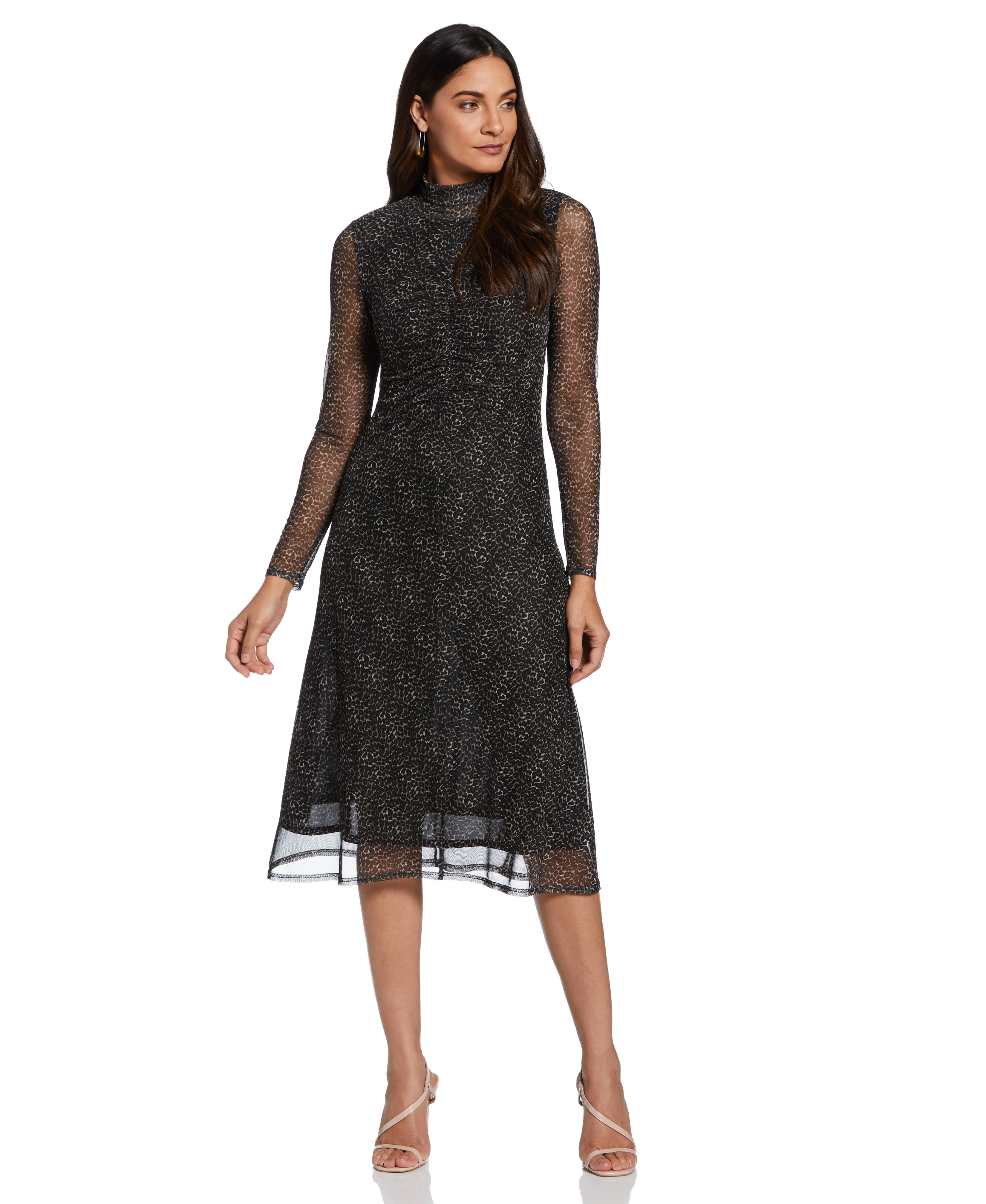 Mock Neck Mesh Midi Dress Texture Feel