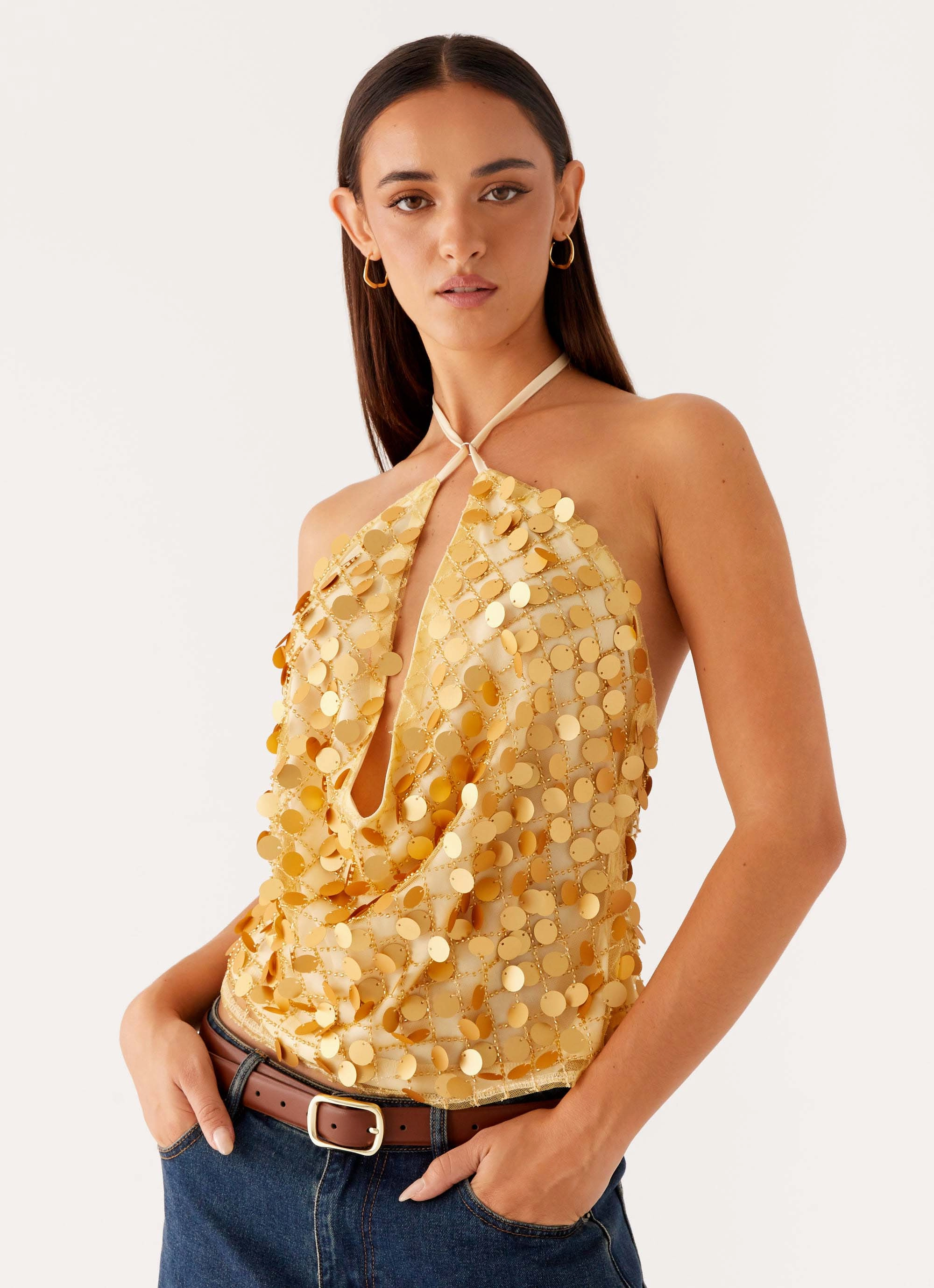 LightweightDesign Xander Sequin Halter Top - Gold