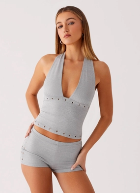RibbedTrims Roxy Halter Top - Grey