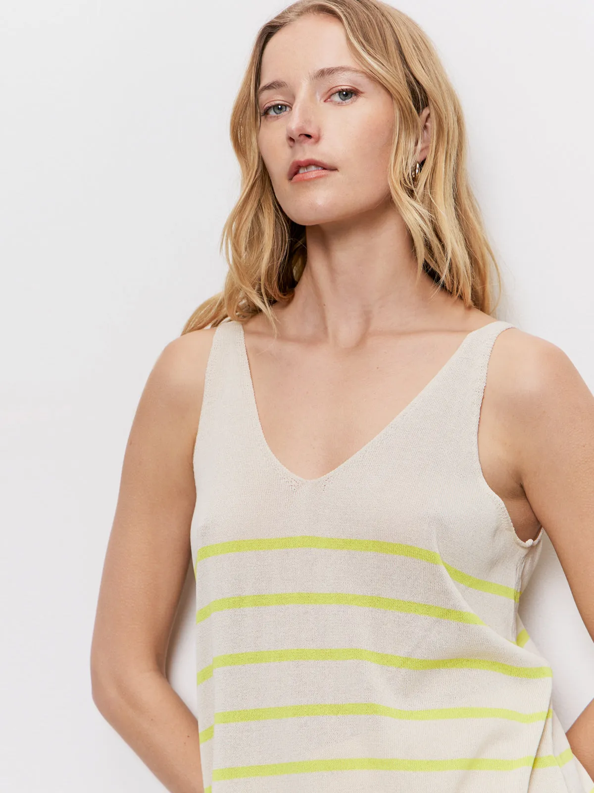 EasyCare Material Non Restrictive Collar V-Neck Knitwear Tank Muslin Desert Lime Stripe