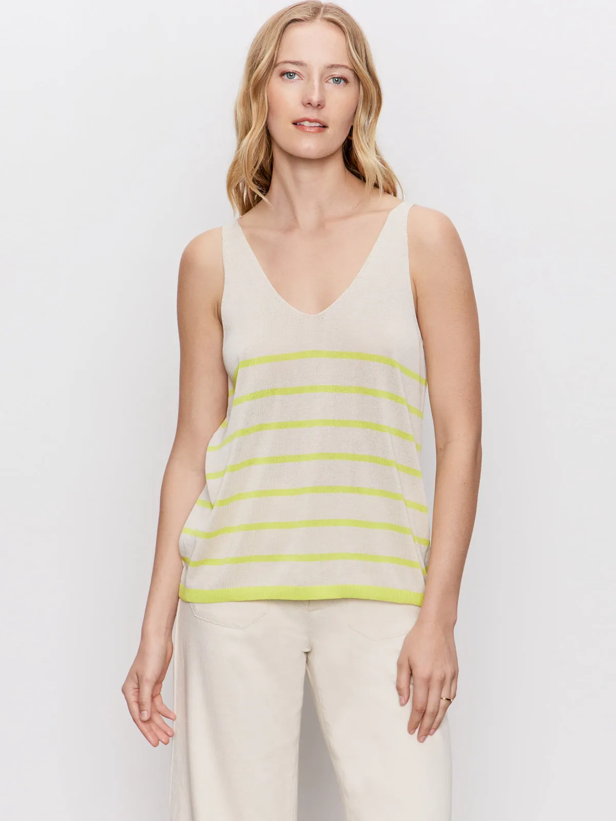 SeamlessKnitConstruction Button Down Collar V-Neck Knitwear Tank Muslin Desert Lime Stripe