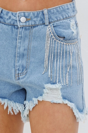 Timeless Cut Presley Rhinestone Denim Shorts- Denim