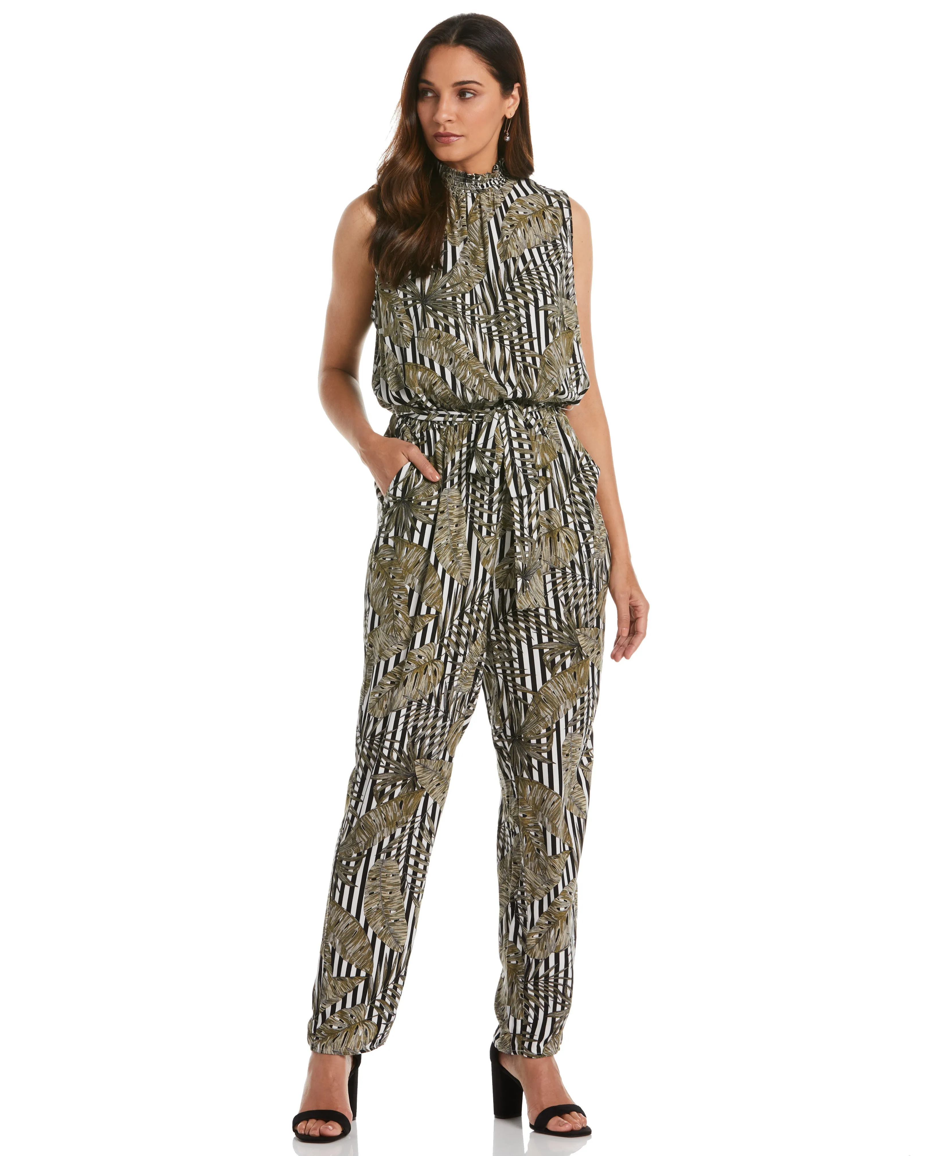 Print Smocked Neck Jumpsuit Low Profile