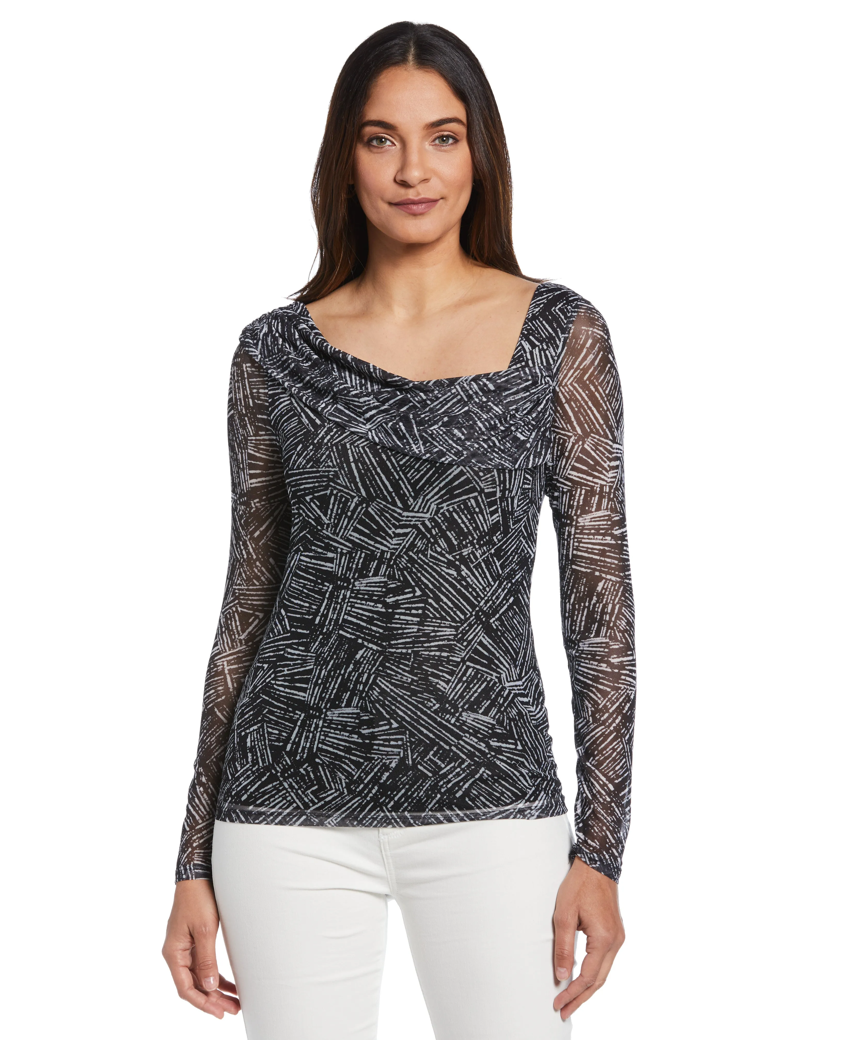 Flattering Drape Printed Asymmetrical Mesh Top