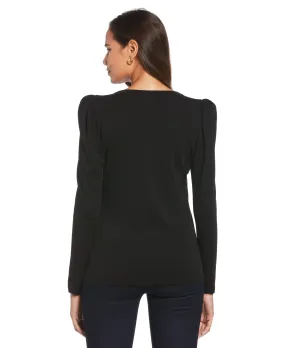 DoubleLayered Neckline Durable Fiber Blend Puff Sleeve Henley Top