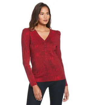 Puff Sleeve Henley Top V-neck Blouse Reflective details