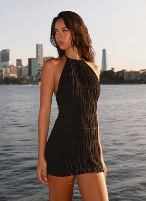 Aullie Mini Dress - Black Side Slit Tonal Look