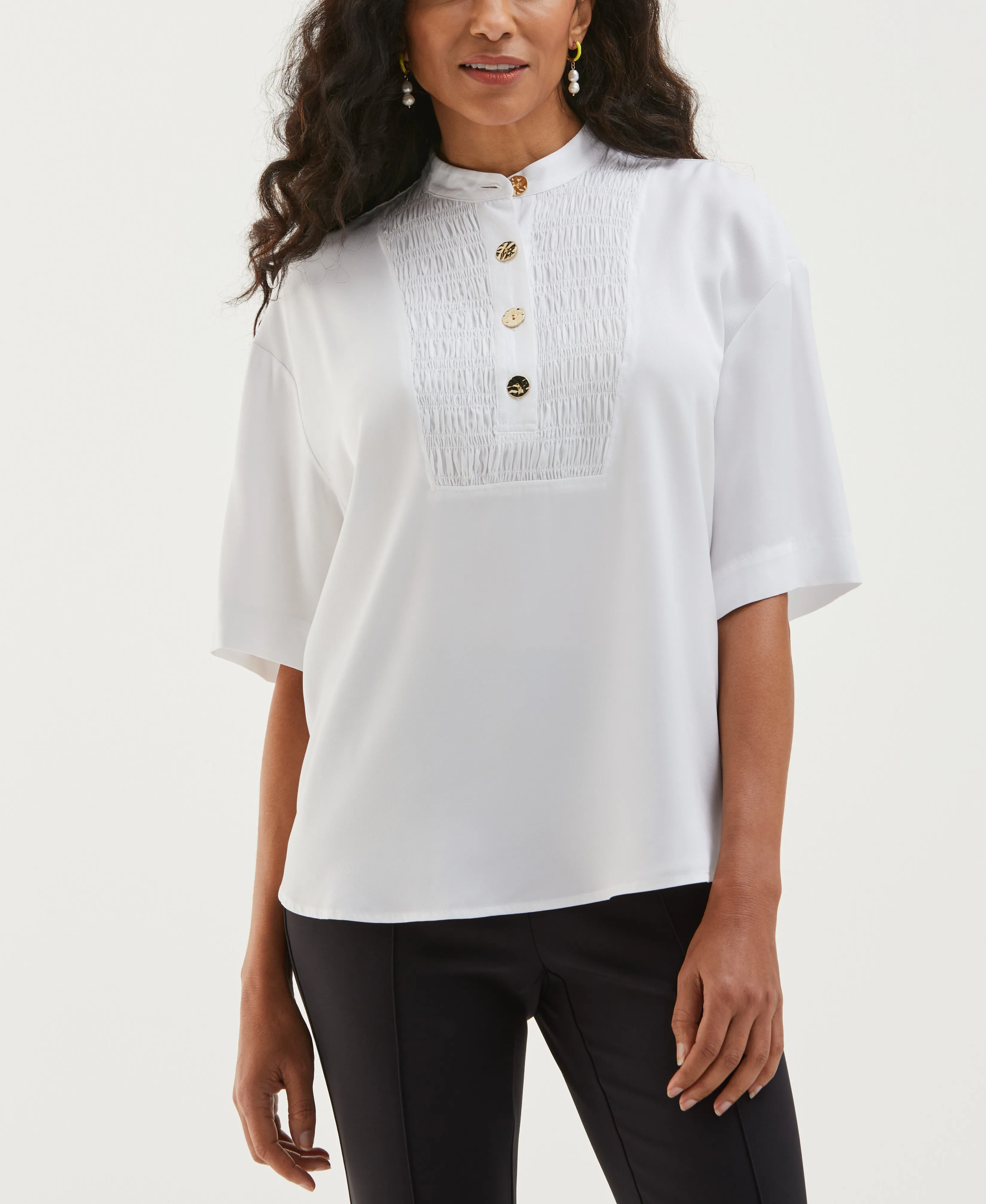 Smocked Banded Collar Top MeshVentilation