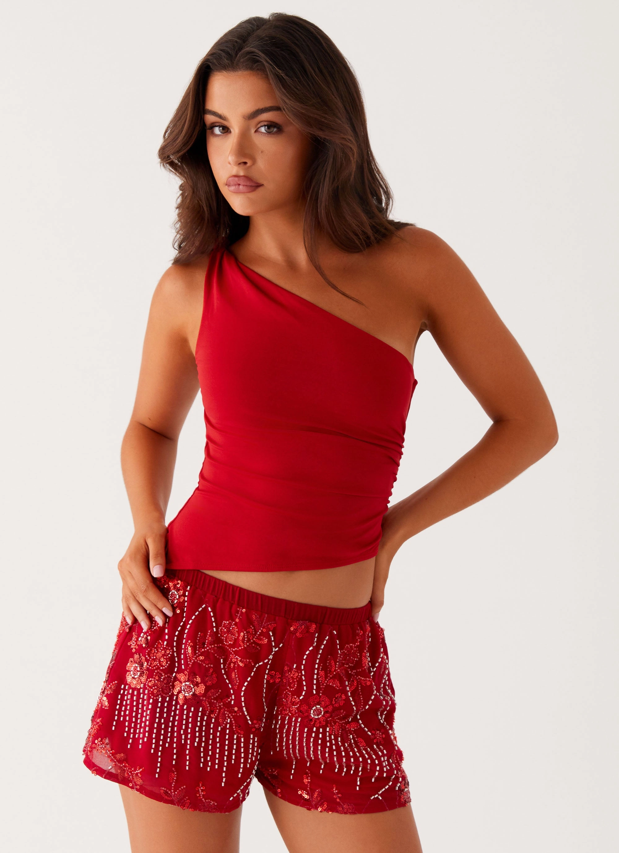 Neutral Style Fashion Layer Mercer Sequin Mini Shorts - Red