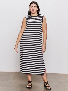 Stretch Comfort Contrast Trim Maxi Dress Black Macrame Stripe Extended Sizing