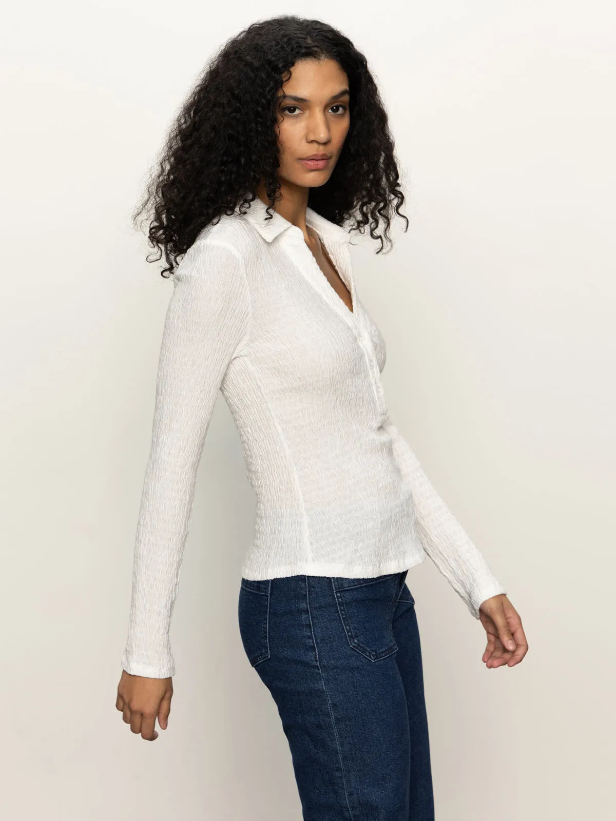 Reinforced Shoulder Long Sleeve Textured Top Chalk