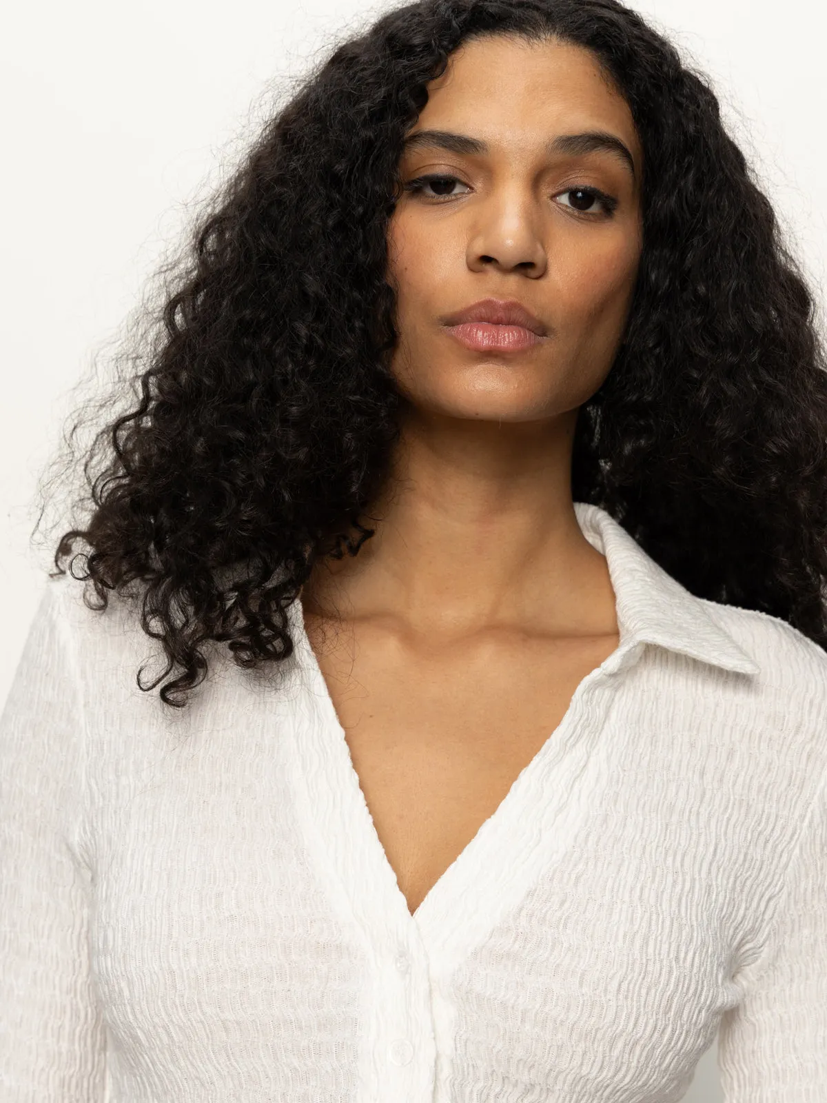 Resilient Fabric Blend Reinforced Hems Long Sleeve Textured Top Chalk