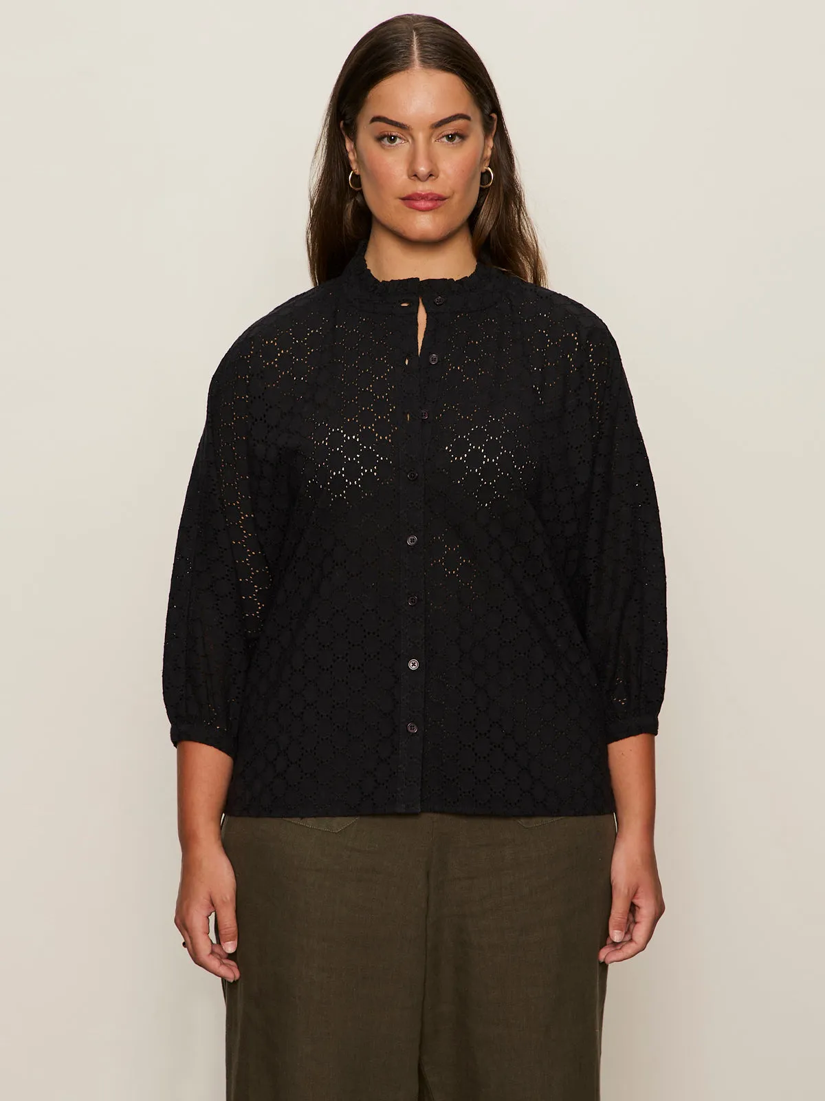 RibbedCuff Petal Drop Blouse Black Extended Sizing